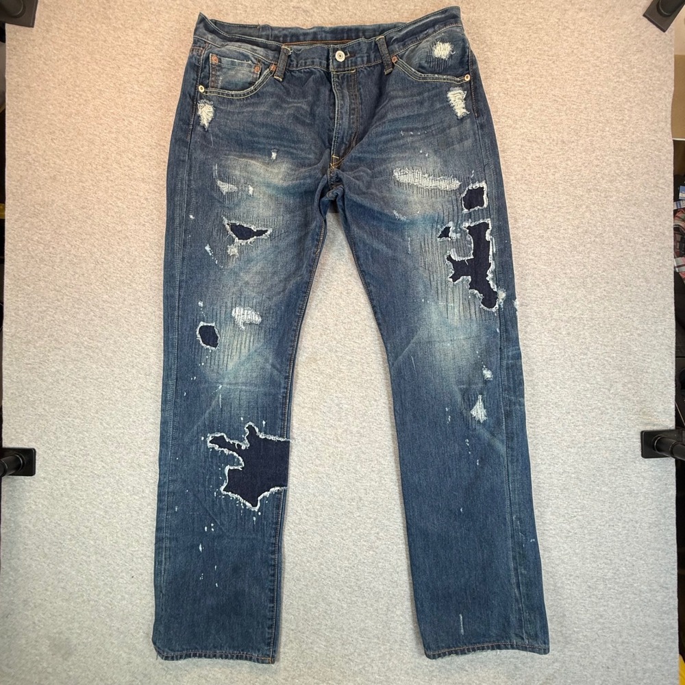 Levis 505 Mens 38x34 Distressed Patchwork Jeans Made in USA Straight Leg Blue